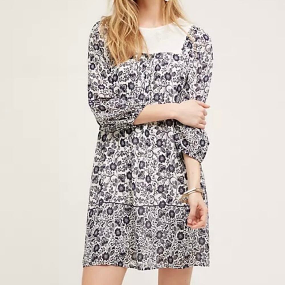 ONE SEPTEMBER x‎ ANTHROPOLOGIE | Coquille Peasant Dress White Navy | Size Large